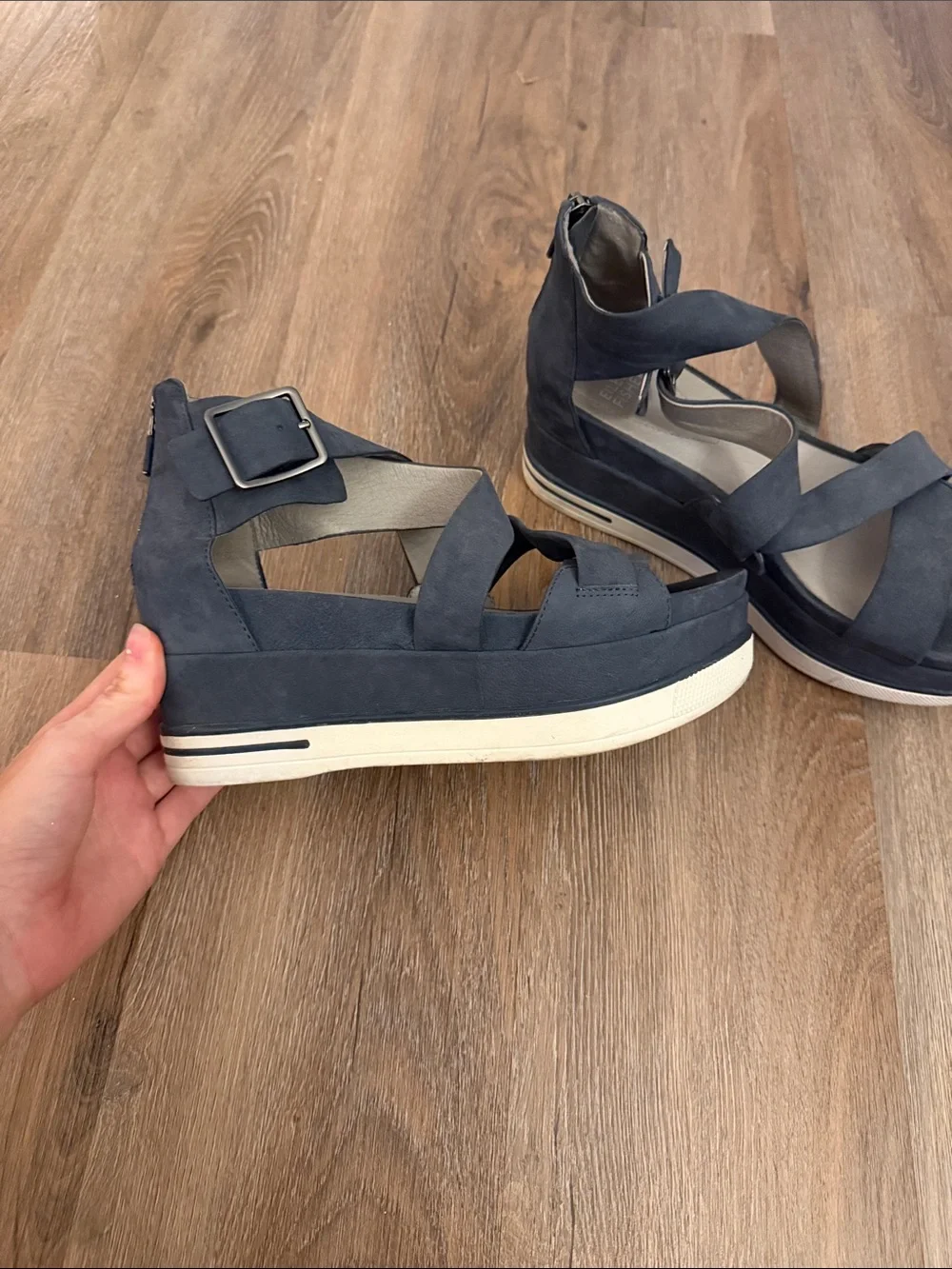 Eileen Fisher Boost Leather Platform Wedge Sandals in navy